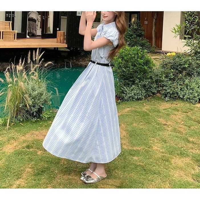 한아로지스 여름신상 캐주얼 체크카라 롱 원피스+벨트