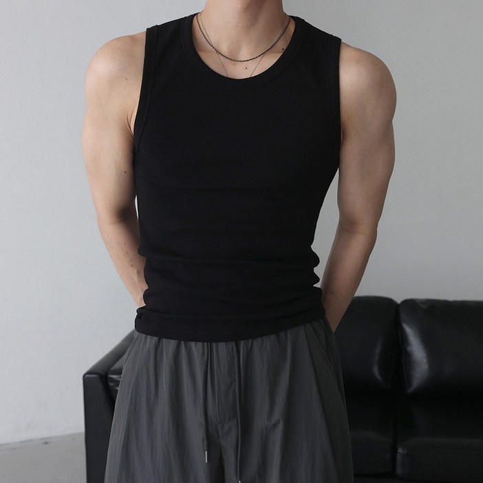 베이직바이블 남자 골지 나시 민소매 고탄력 스판 머슬핏 짐웨어 탄탄한 티셔츠