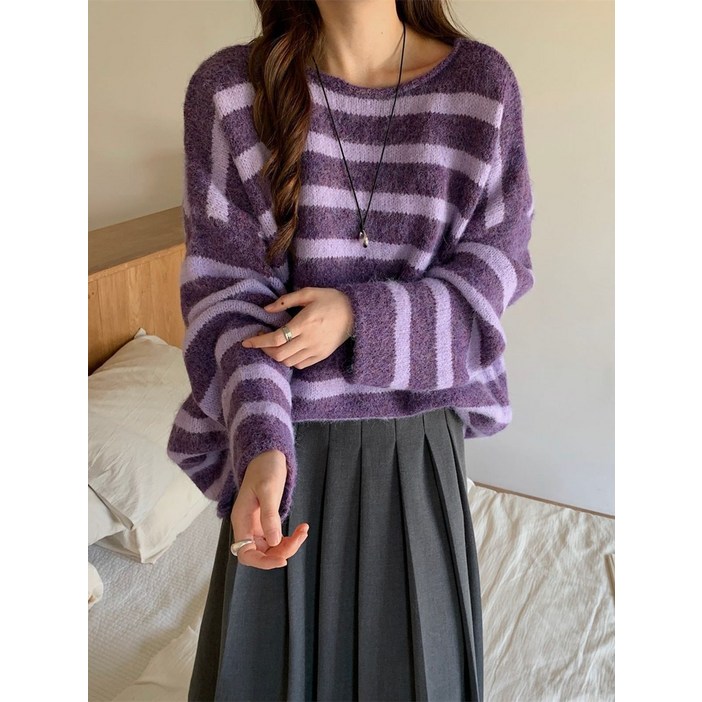 트루펙트 여성 스트라이프 부드러운 풀오버 겨울 루즈핏 레이지 니트 여성상의 데일리 니트 스웨터 니트티셔츠 라운드넥 줄무늬디자인 봄 가을 신상