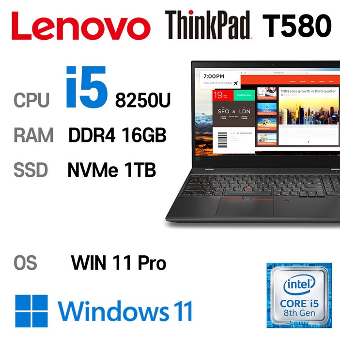 LENOVO 노트북 중고노트북 T580 인텔 8세대 i58250U 16GB 듀얼배터리, T580, WIN11 Pro, 16GB, 1TB, 블랙