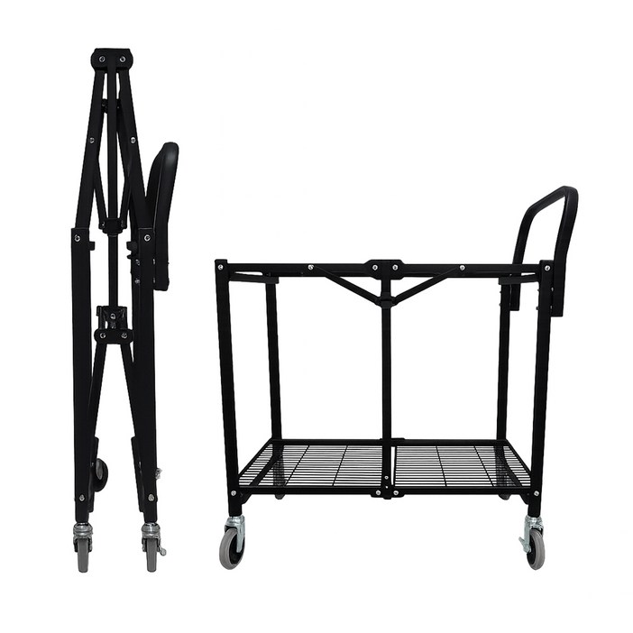 철제 접이식 메쉬 카트 블랙2단 서빙 트롤리 웨건 산업용 정리운반 TFO90339