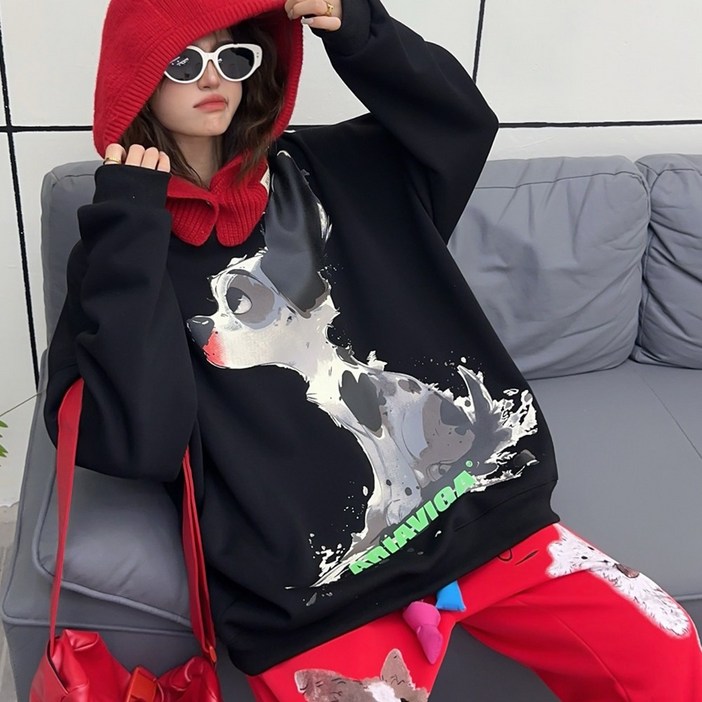 여성 오버핏 강아지 프린팅 맨투맨 빅사이즈 긴팔 티셔츠 3color