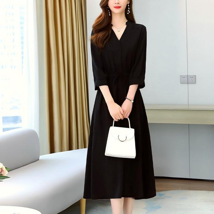 루나모드 7부 편안한 브이넥 허리 쪼임 원피스 K0080