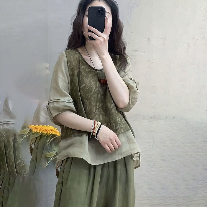 지고다그 여성 여름 꽃무늬 상의와 바지 세트 시원한 여름 착용 WY73398