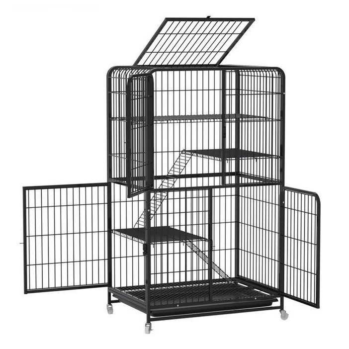 리빙가감법 고양이 대형 케이지 철창 빌라 성묘 현관 반려동물 이동식 바퀴 달린 철장 높은 세로형 고양이장 집 울타리, 1개, 블랙