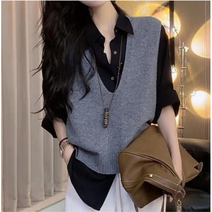 [쉬즈본] 챠우셔츠조끼세트/여성 브이넥 데일리 크롭기장 니트 조끼 베스트