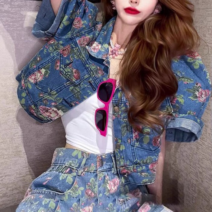 하젤 포포키 플라워 반팔 크롭 데님자켓_M4037