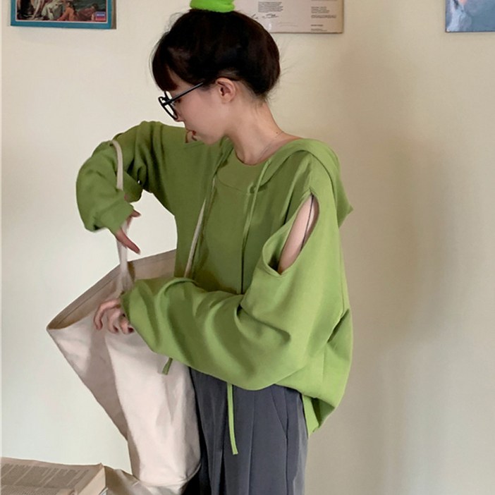 Makone 여성 어깨트임 루즈핏 후드 티 +고급손톱깎이