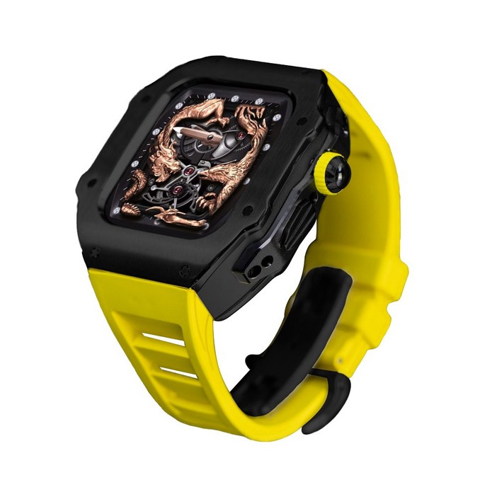 애차드밀 스틸 메탈 케이스 불소 고무 스트랩 밴드 호환 애플워치 울트라/2 49 mm 시리즈 9 8 7 45 mmSE 시리즈 6 5 4 44mm, 블랙-옐로우