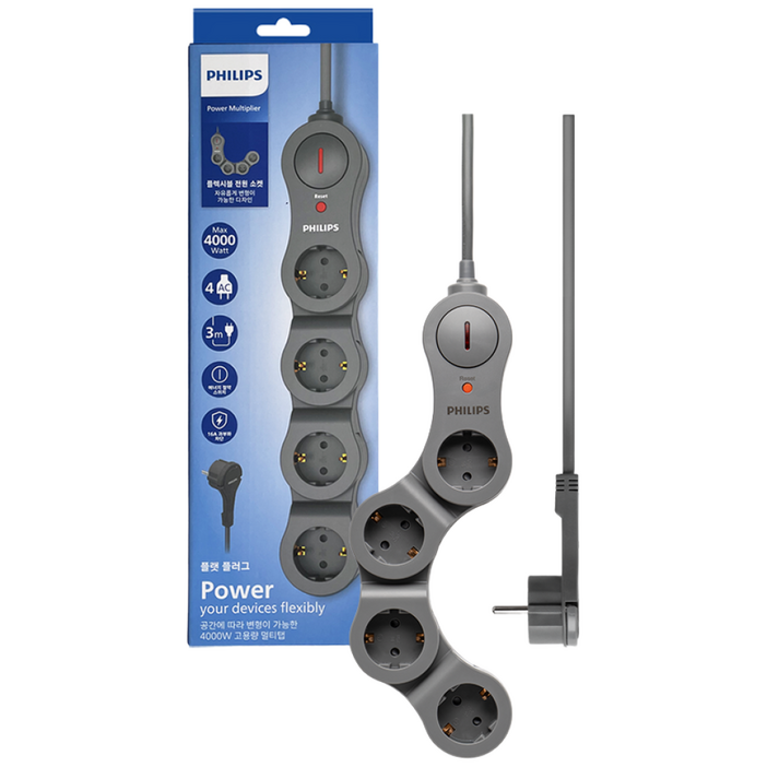 필립스 멀티탭 플렉시블 4구 고용량 납작플러그 과부하차단