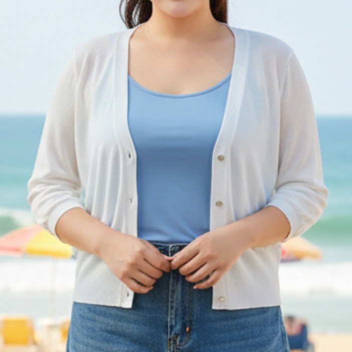 나나스윗 여성 여름 가디건 7부 루즈핏 빅사이즈 팔뚝커버 얇은 가디건 나시 원피스 코디