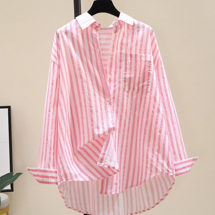 봄 여름 긴팔 셔츠 여성 캐주얼 세로 줄무늬 루즈핏 셔츠 여성 외출용
