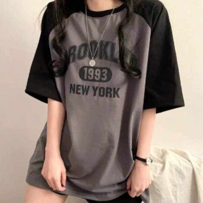 나인테일 여름 여성 캐주얼 브룩클린 나그랑 배색 박시한 오버핏 라운드넥 반팔티 4컬러