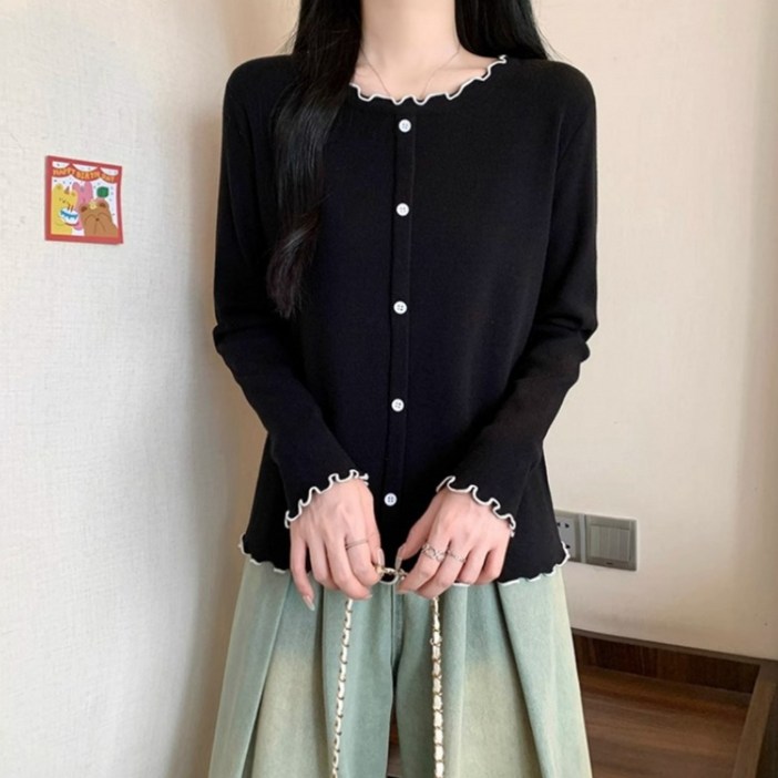 SAHINER 여성 프릴 라인 버튼 긴팔 봄 간절기 티셔츠 BTX42