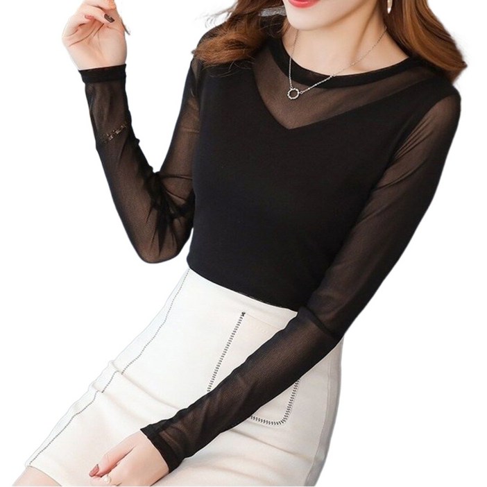 Makone 여자 티셔츠 가을 라운드넥 블라우스 여성