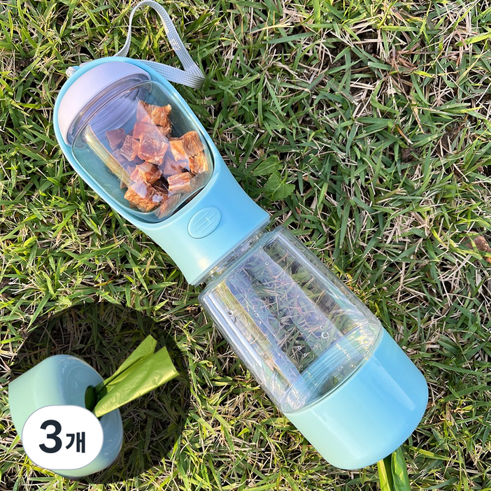 웰찹 산책트리오 3 in 1 휴대용 강아지 산책 물통 간책통 배변봉투 올인원 물병 400ml, 3개, 스카이블루