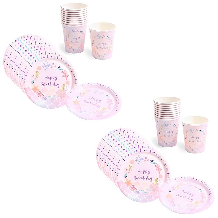 파티해 생일 파티접시 18cm 20p + 파티컵 20p 세트 인어공주