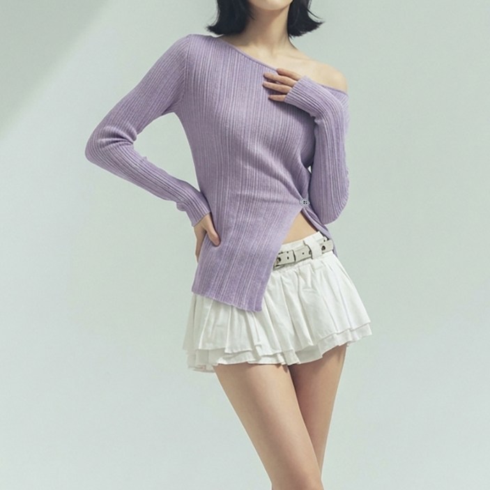 페이퍼먼츠 여성용 듀앤수 오프숄더 골지 랩 트임 긴팔 니트 14038