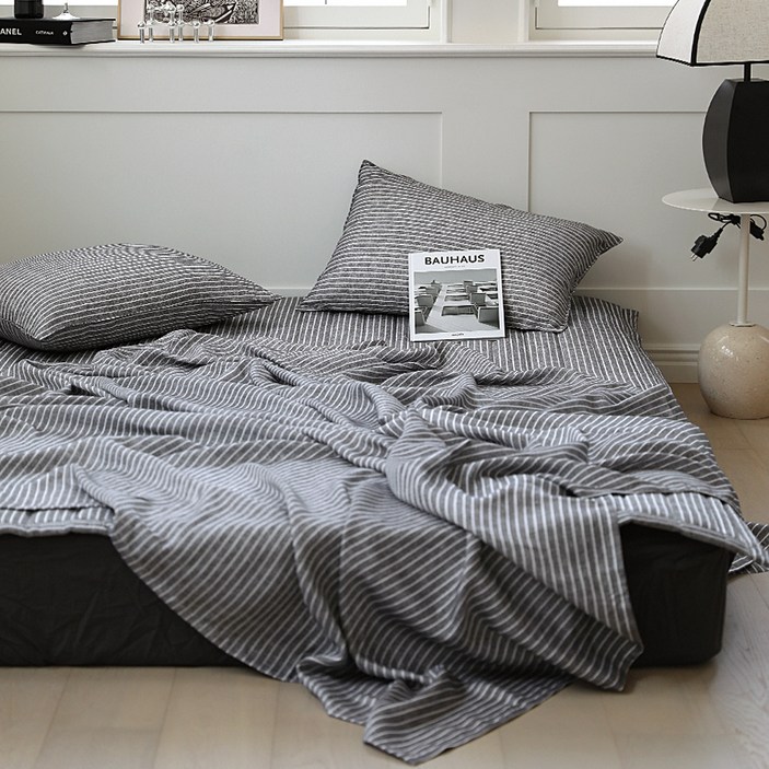 베이직톤 시원한 인견 스트라이프 홑이불, 차콜