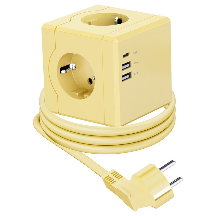 티메코 SF코팅 큐브 디자인 멀티탭 4000W 고용량 3구 (USB-A 2개 C타입 1개), 1개, 옐로우 SF02, 1.8m
