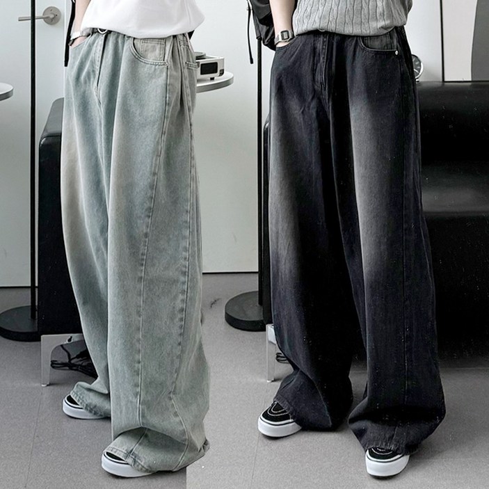 프리미엄 S-3XL 롱/기본 Y2K 옆 셔링 절개 와이드 데님 팬츠 청바지