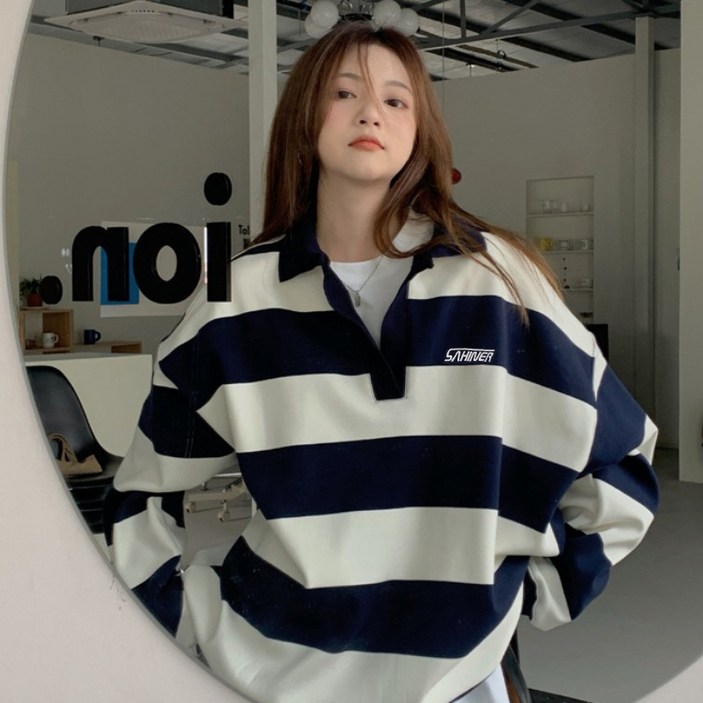 SAHINER 가을겨울 여성용 스트라이프 카라 루즈핏 긴팔티 캐주얼 데일리 스포티 BWY19