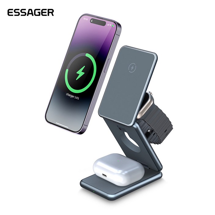 ESSAGER 맥세이프 폴드 3in1 멀티 무선충전기 휴대용 애플 워치 에어팟, Gun Grey애플, 1개