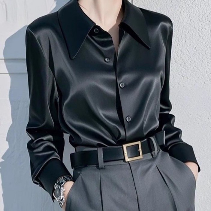 지고다그 프렌치 실키 셔츠 여성 긴팔 새틴 블라우스 고급 광택감 카라 우아한 오피스룩 SX68889