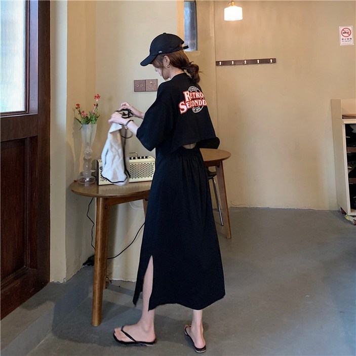 제로 뒷트임 롱원피스 반소매 옆트임 라운드넥 슬립핏 데일리 제로 뒷트임 롱원피스 반소매 옆트임 라운드넥 슬립핏 데일리