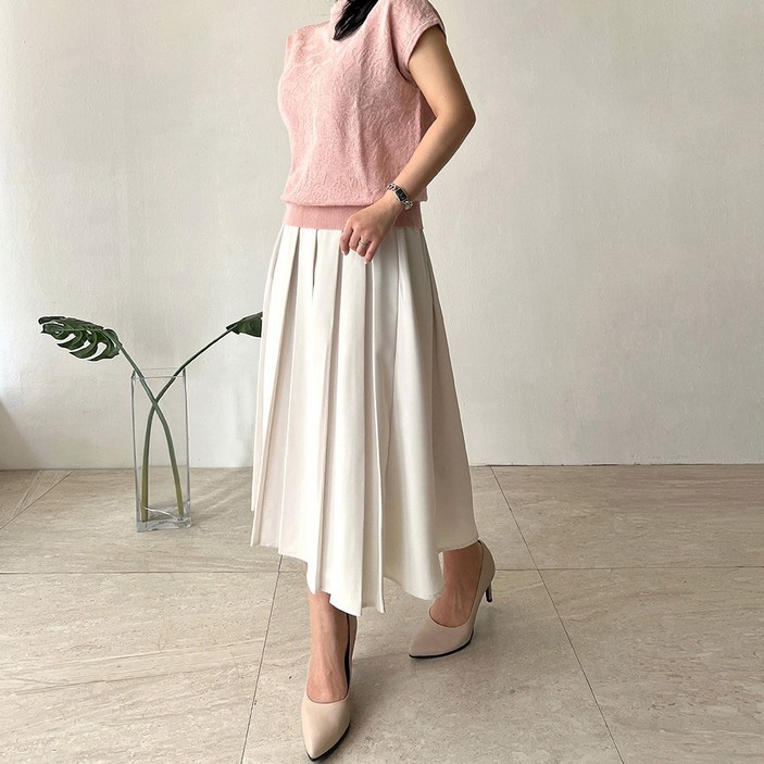 네모엔룩 여성용 프론트주름 핀턱 허리뒷밴딩 캐주얼 봄 A라인 플리츠 롱 스커트 NL