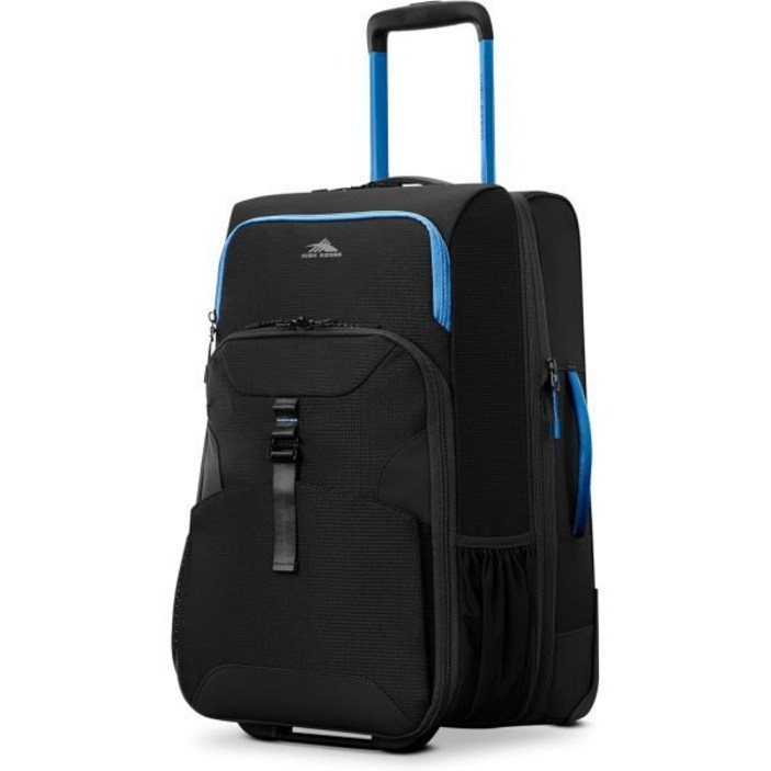 하이 시에라 하이라이프 22인치 캐리온 휠드 더플  부드러운 롤링 휠, 습식팩 포켓, 스택 잇 스트랩, 조절 가능한 손잡이, 플리스 패딩 노트북 슬리브, 확장 가능 블랙블루