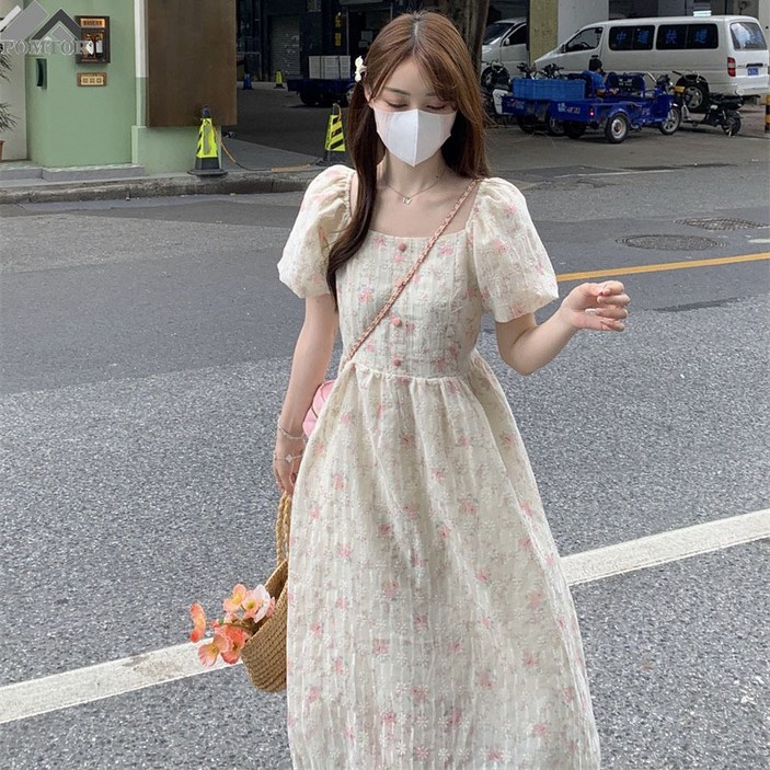 POMTOR 여름 롱원피스 반팔 플라워 퍼프  러블리 원피스