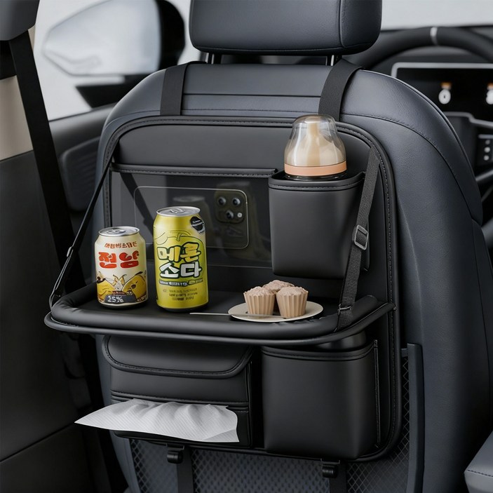 자동차 뒷자석 가죽 수납포켓 카시트 테이블 수납 정리함 차량용, 블랙, 1개