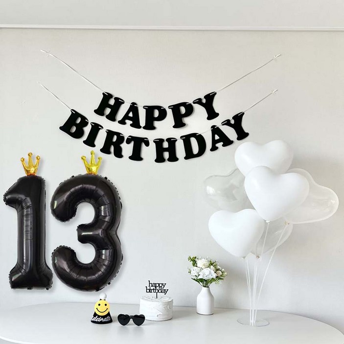 연지마켓 생일 파티 용품 세트 가랜드 숫자 풍선 안경 고깔, 1세트, 블랙
