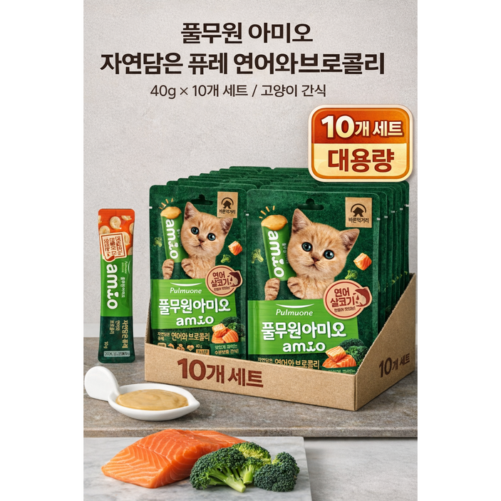 풀무원 아미오 자연담은 퓨레 고양이 간식 대용량 세트, 10개, 40g, 연어브로콜리