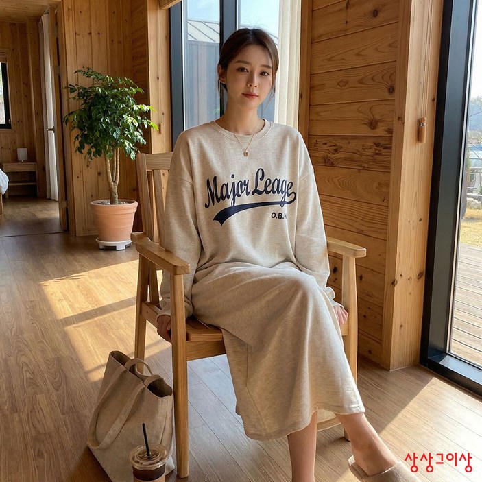 상상그이상 여성용 국내제작 간절기 메이저 원피스 빅사이즈 오버핏 면100 레터링 포인트 마실룩 홈웨어룩