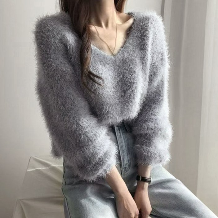 포마인 부클 러블리 털 연말룩 따뜻 브이넥 꾸안꾸 뽀송 니트 가을 겨울 긴팔 스웨터