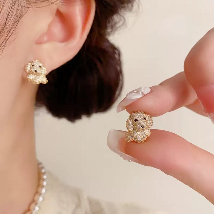 [S925 실버침] 귀여운 푸들 비숑 강아지 큐빅 귀걸이 데일리 입체 미니 귀걸이  은침 귀요미 푸들 강아지 입체 큐빅 귀걸이