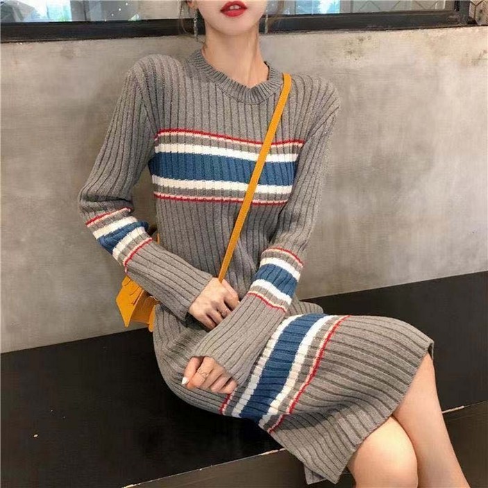 ZDD 골지 롱 니트원피스 단가라 스트라이프 배색 슬림핏 여성 가을 겨울 빅사이즈 S~3XL