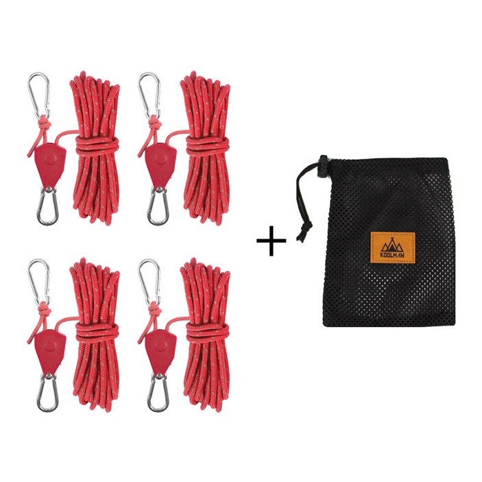 KOOLMAN쿨맨 다용도 이지스토퍼 로프라쳇 타프 스트링 4개  메쉬파우치 세트, 라쳇스트링 4mm×4M S  레드 4개메쉬 B