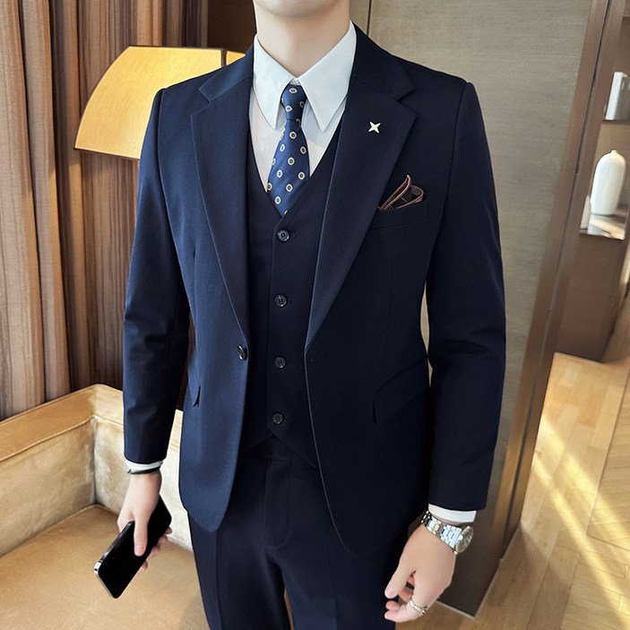 Titikong남성용 정장세트 하객룩 수트 사계절 기본 캐주얼 정장 3피스세트 코트  바지 조끼