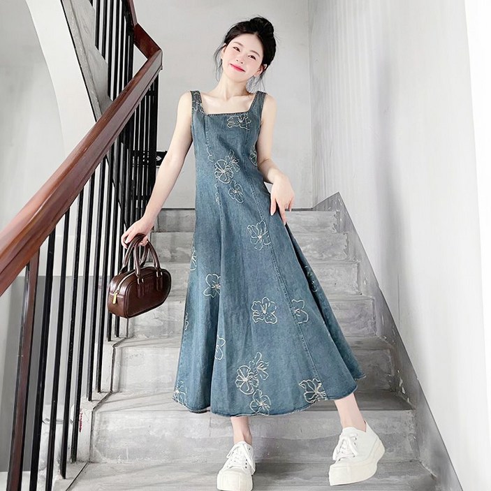 별후이 여성용 봄가을 빅 사이즈 자수 나비매듭 멜빵스커트 여름 A라인 데님 롱원피스0d8g08LL