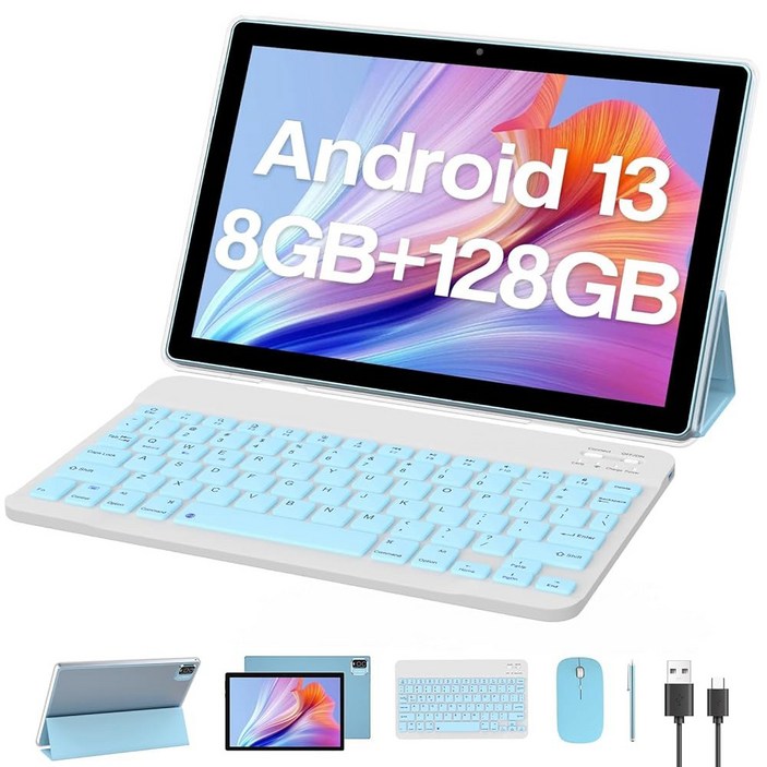 Zzb 10인치 태블릿 안드로이드 14 PC 세트 2 in 1 키보드 케이스 마우스 스타일러스 8GB RAM64GB ROM 1TB 확장 컴퓨터 10.1인치 IPS 스크린 2M