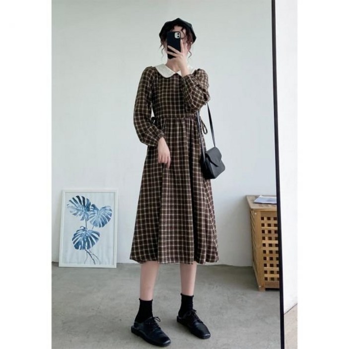 C.ONLIE SHOP프렌치 복고풍 카라 체크 롱 원피스 허리라인 원피스 원피스 하객룩 하객원피스