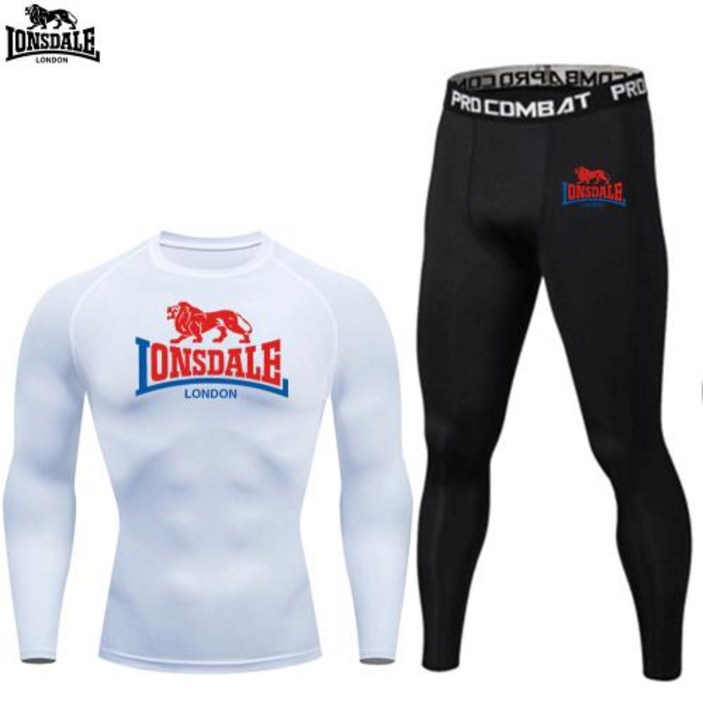 LONSDALE 그래픽 프린트 긴 소매 세트 남성 압축 티셔츠 반바지 바지 정장 2피스 봄 여름 체육관 피트니스 스포츠웨어