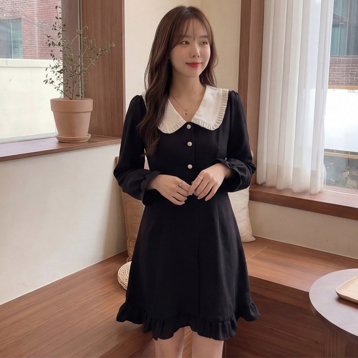 D122-3 두호엘 빅사이즈 여성 프릴 카라 블랙 원피스 봄가을용