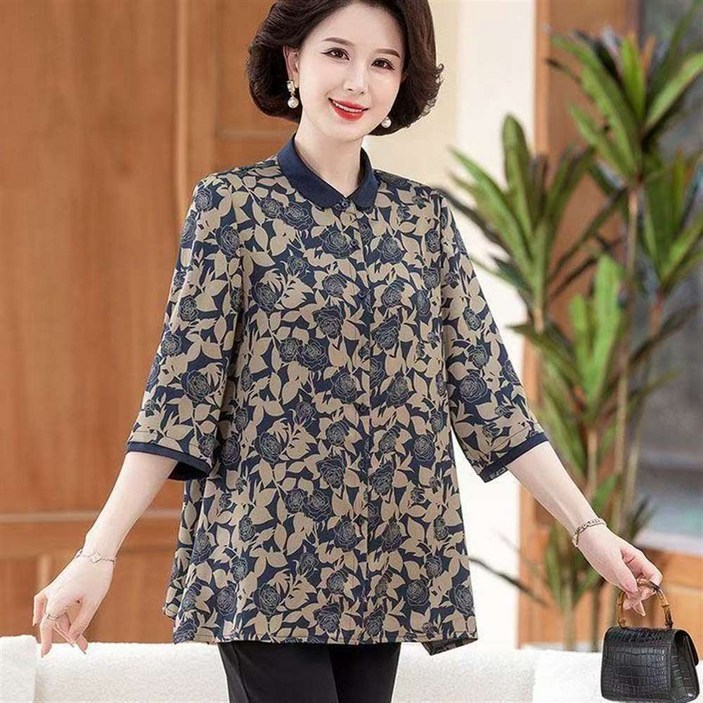 MOSAIRATION 신상 엄마 셔츠 기질 여름 날씬해 보이는 칠부 프린트 상의 빅사이즈 신중식 X250407Z