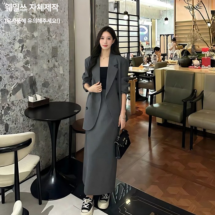 웨일쓰 여성  봄 여름  오버핏 정장 자켓 치마세트 트위드 투피스 루즈핏 하객룩 출근룩  직장인장장 롱스커트 면접 캐주얼 트렌치 셋업 수트 투피스