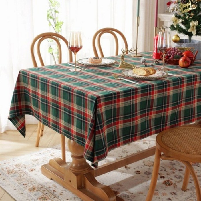 [5시건 당일출고] 북유럽 감성 크리스마스 체크 테이블보 식탁보 홈파티 데코 포토존, 그린체크, 6인(140 x 200cm), 1개