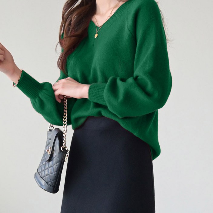 데일리앤 스무드 여성 데일리 나그랑 벌룬소매 부드러운 브이넥 니트 연말룩 레드